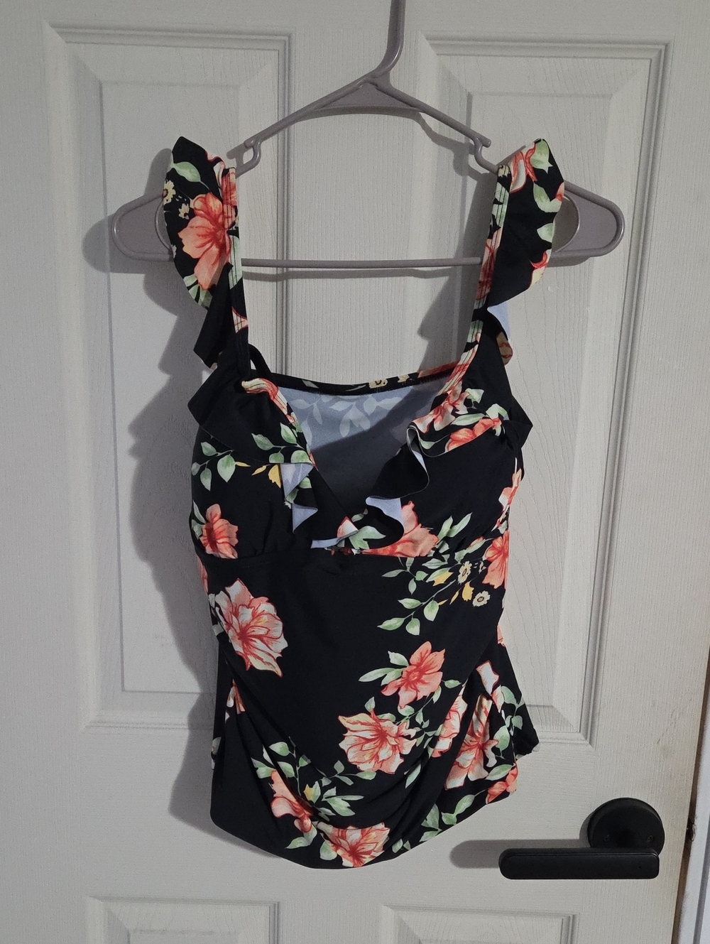 Soma Black Floral Ruffle-Trim Swim Camisole with Coral Blooms And Built In Bra